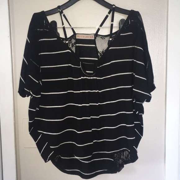 Woodleigh stripe cut out lace insert short sleeve top - Picture 2 of 11